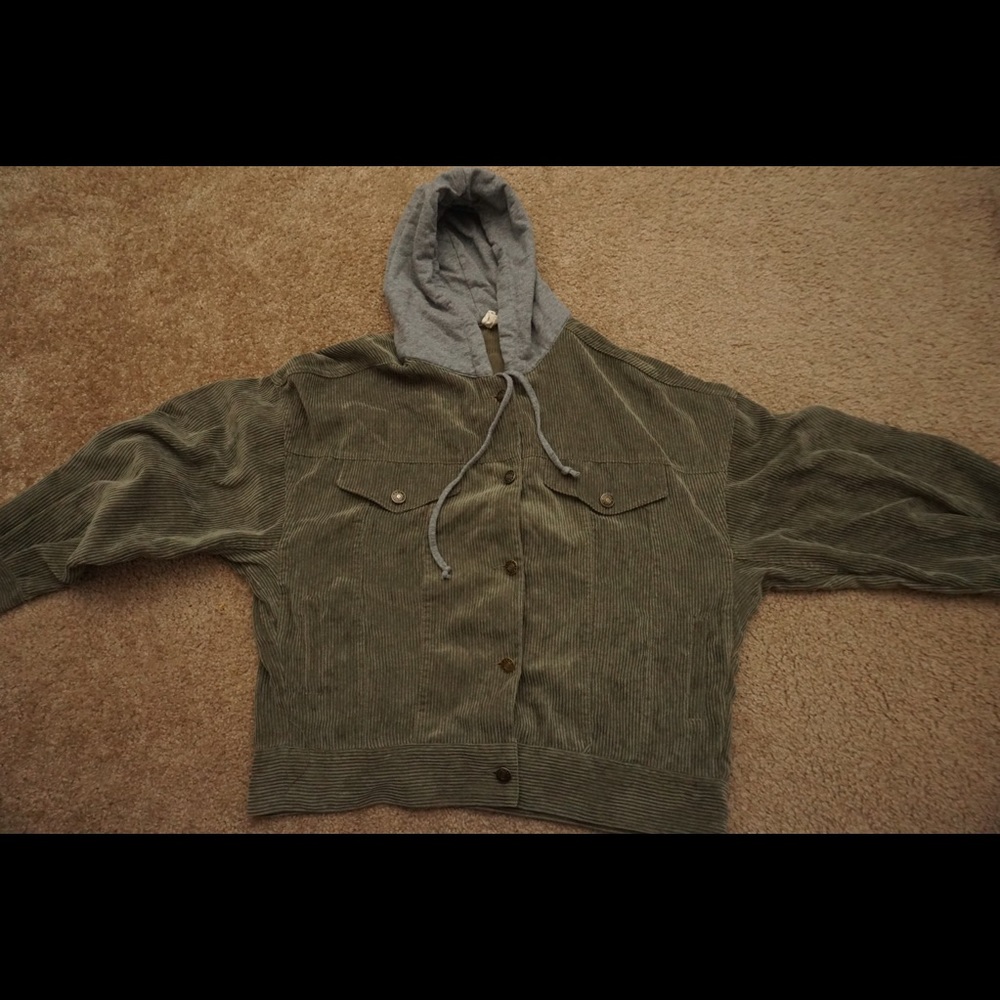 Green Corduroy   Button Up Jacket with Hood
